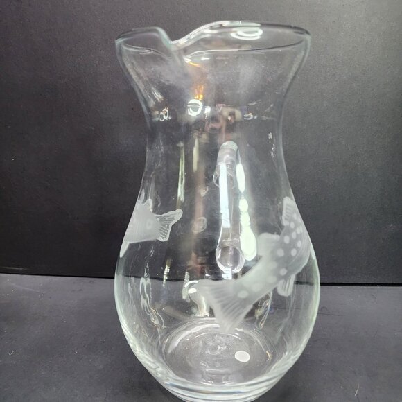 Vintage Clear Glass Serving Pitcher Etched Fish Design 8.25'' Tall - Picture 2 of 6